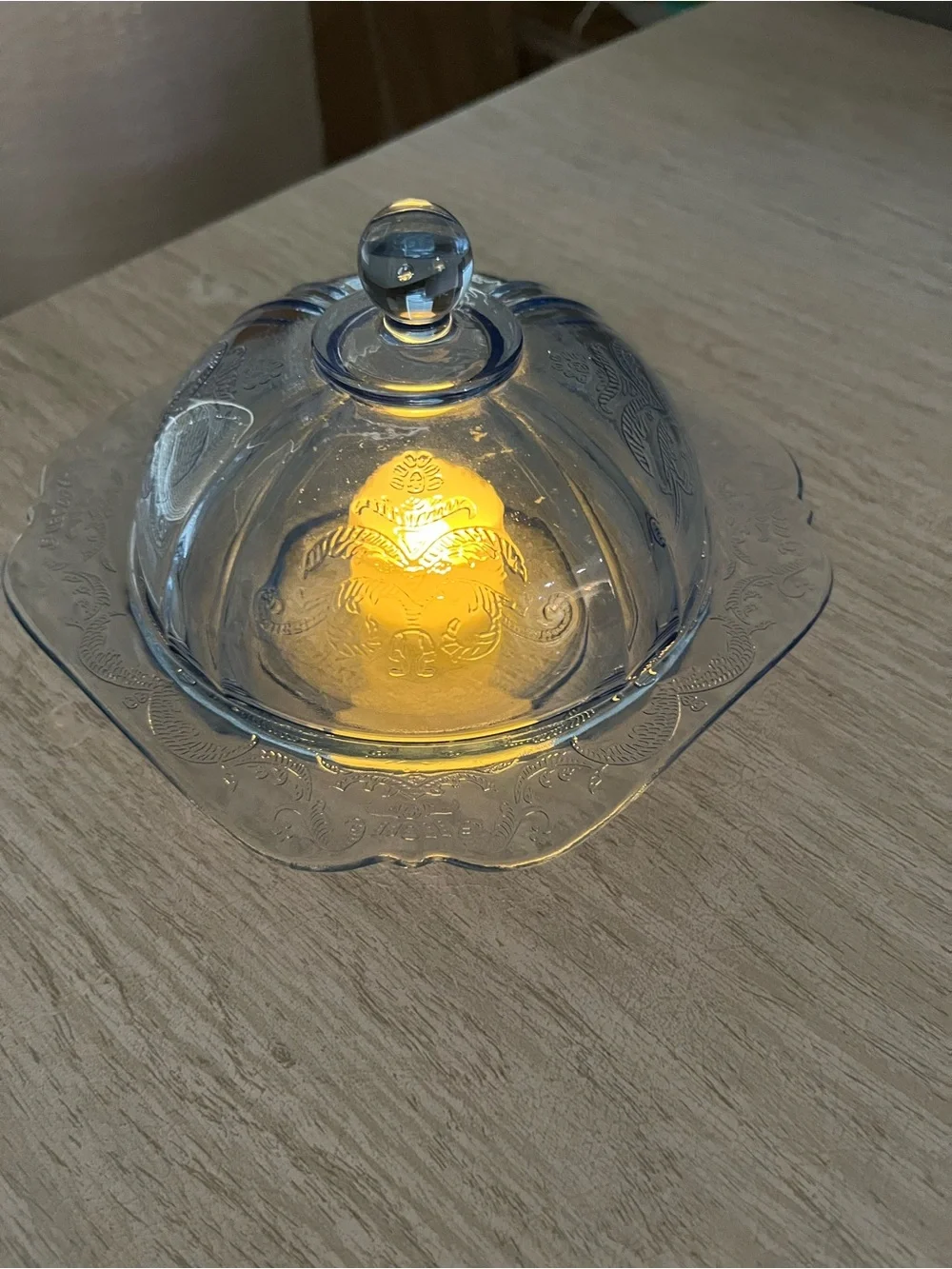 Vintage Blue Depression Glass Madrid Butter Dish Fairy Lamp